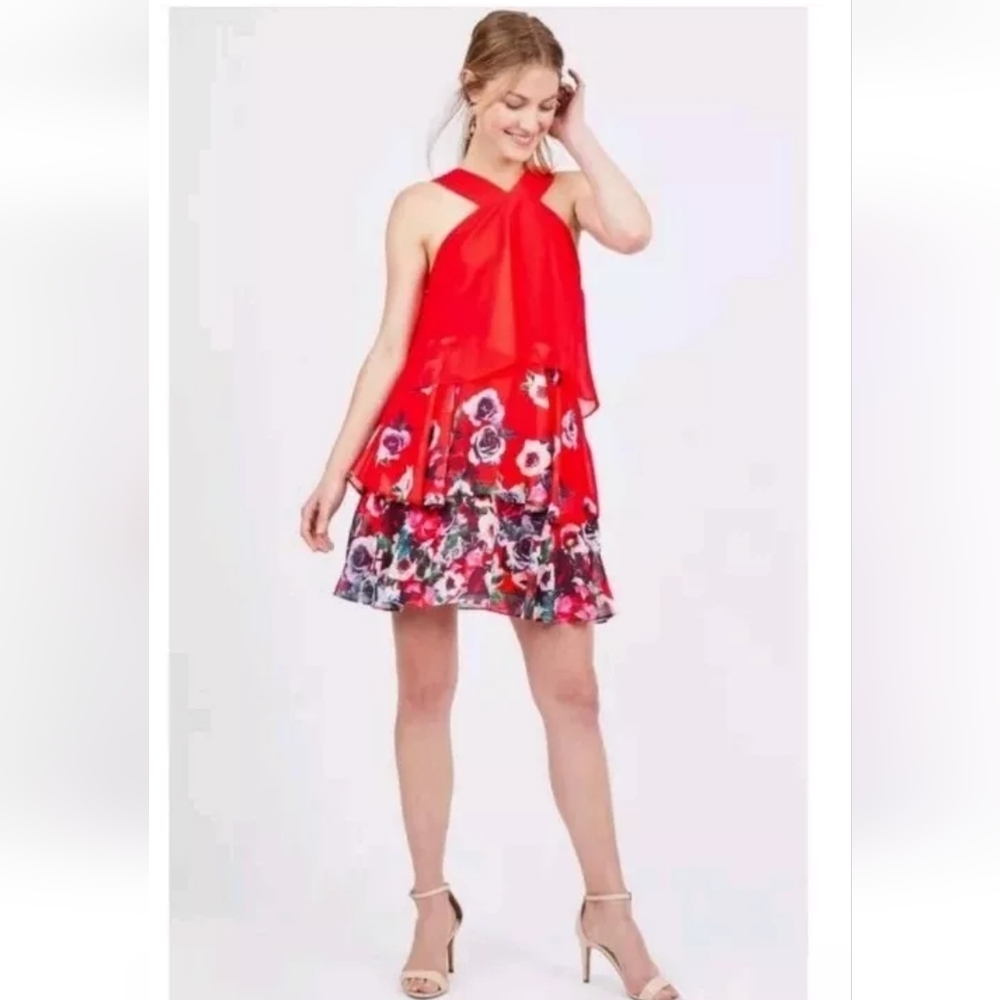 Badgley Mischka popover red short sleeveless‎ dress with tiered ruffles floral
